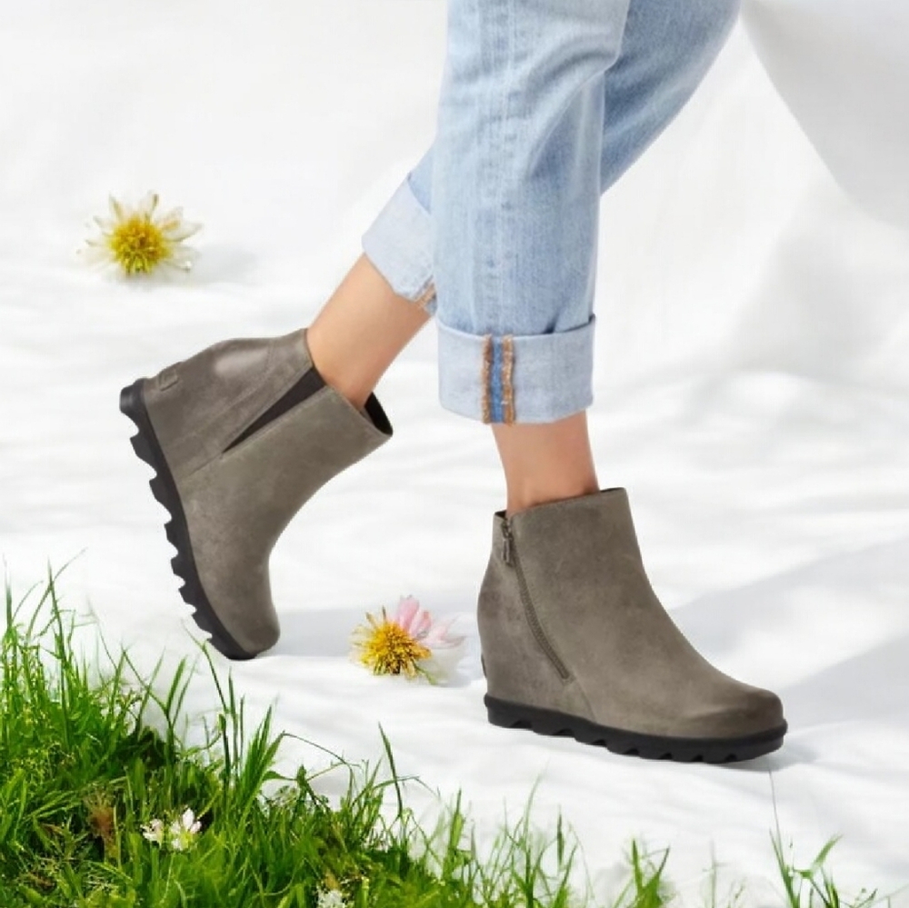 Sorel Ash Brown Joan Of Artic Wedge 2 Ankle Zip Winter Boots Full Grain Leather